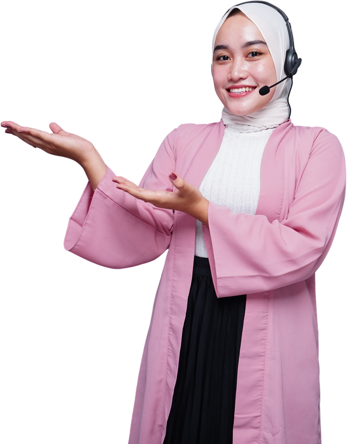 Smiling asian hijab woman customer services presenting